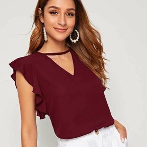 Maroon Keyhole Cutout ruffle blouse in a size M NWOT
